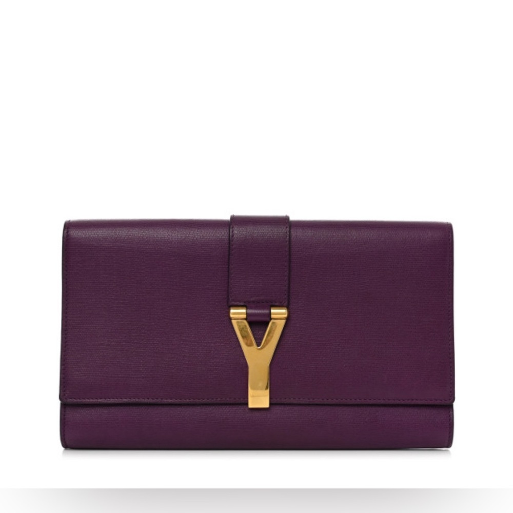 SAINT LAURENT Textured Calfskin Classic Y Ligne Clutch Purple - Picture 1 of 8